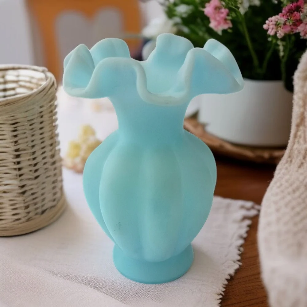 Fenton Satin Art Glass Vase Sky‎ Blue Melon Ruffled Edge Vintage Cottage Garden